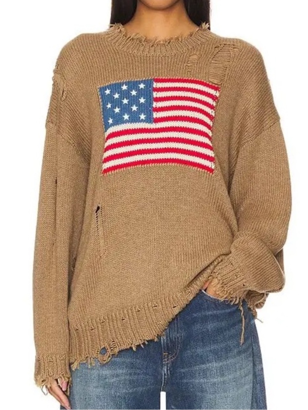 Denimist Distressed Brown American Flag Knit Sweater Sz L